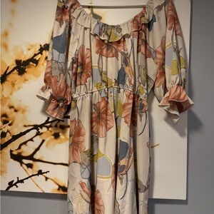 BloomChic Off-Shoulder Floral Long Sleeve Dress - Cream and Pink